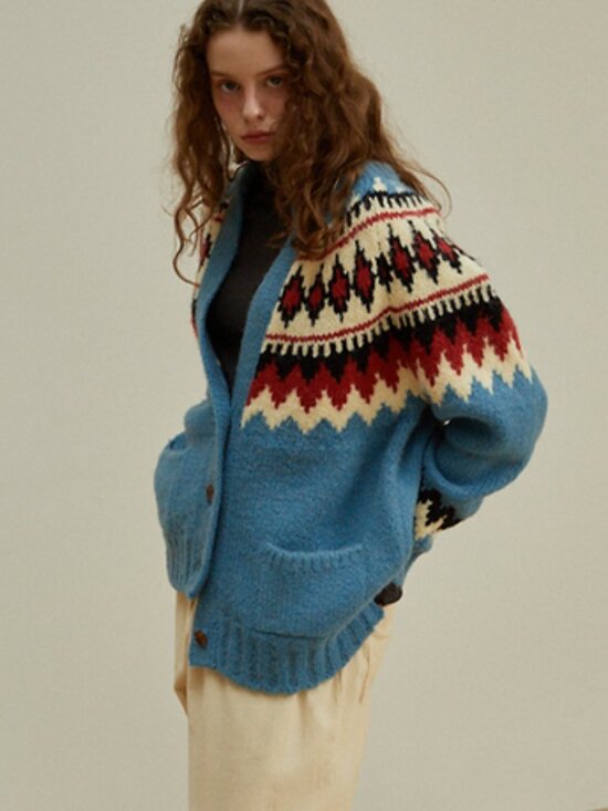 GREENBUTTER V-Neck Nordic Alpaca Cardigan (Indigo Blue) - Picture 3 of 9